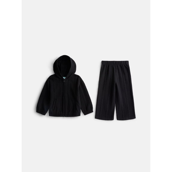 Wonder Nation Toddler Girls Embossed Full Zip Hoodie and Wide Leg Pants Set, Sizes 12M-5T