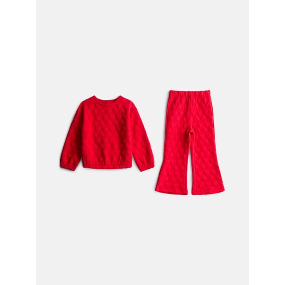 Wonder Nation Toddler Girls Embossed Crewneck Top and Flare Pants Set, Sizes 12M-5T