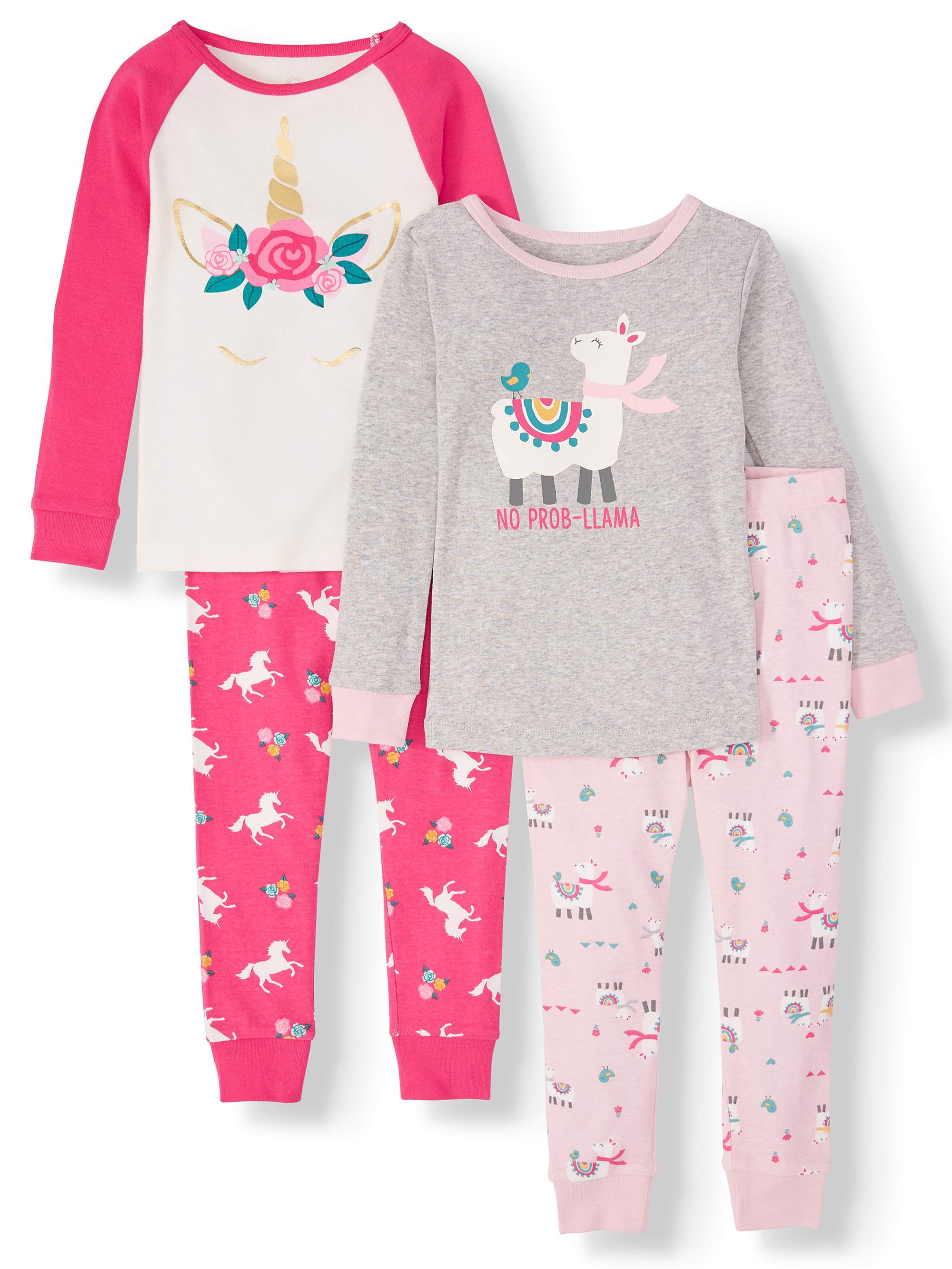 Wonder Nation Toddler Girl Long Sleeve Cotton Snug Fit Pajamas, 4Pc Set - image 1 of 2