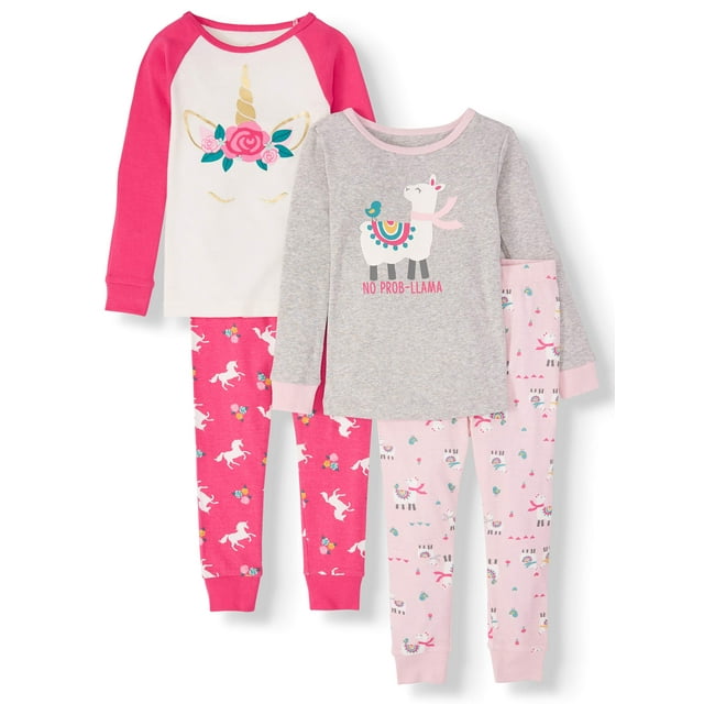 Wonder Nation Toddler Girl Long Sleeve Cotton Snug Fit Pajamas, 4Pc Set