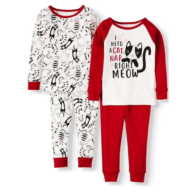 Wonder Nation Toddler Girl Long Sleeve Cotton Snug Fit Pajamas, 4Pc Set