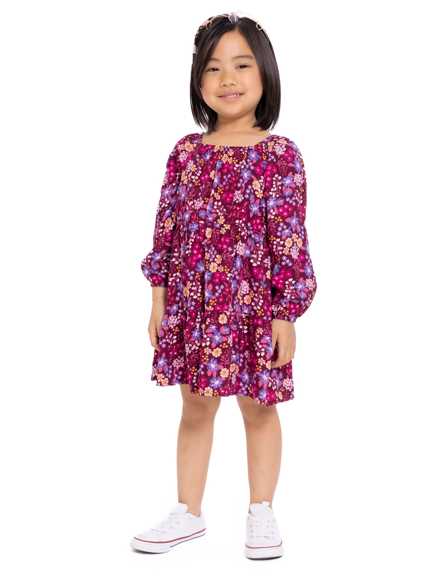 Wonder Nation Toddler Girl Long Sleeve Floral Printed Dress, Sizes 12M-5T