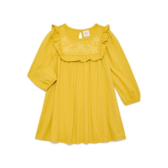 Wonder Nation Toddler Girls' Embroidered Ruffle Dress with Long Sleeves, Sizes 12M-5T