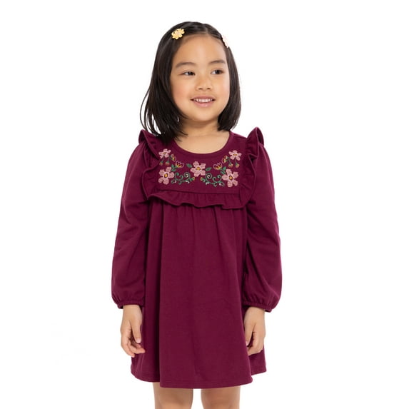 Wonder Nation Toddler Girls' Embroidered Ruffle Dress with Long Sleeves, Sizes 12M-5T