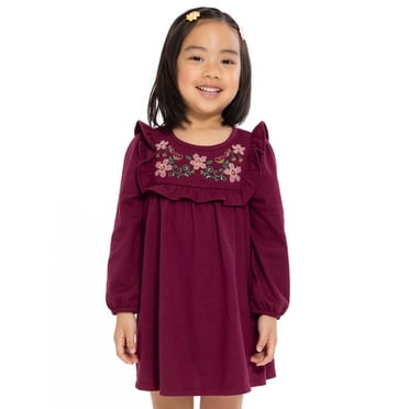 Wonder Nation Toddler Girls' Embroidered Ruffle Dress with Long Sleeves, Sizes 12M-5T