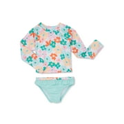 Wonder Nation Toddler Girl Long Sleeve Swim Rash Guard Set, Size 12M-5T