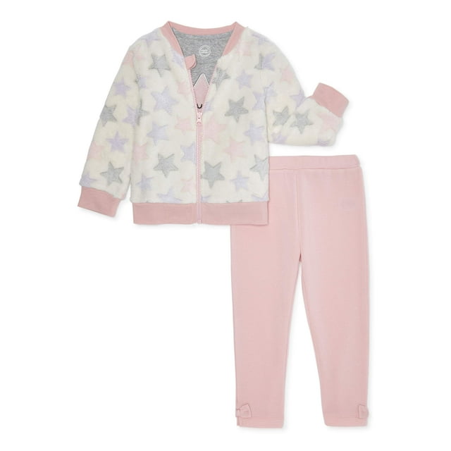 Wonder Nation Toddler Girl Minky Jacket, T-shirt & Pants, 3pc Outfit Set (2T-5T)