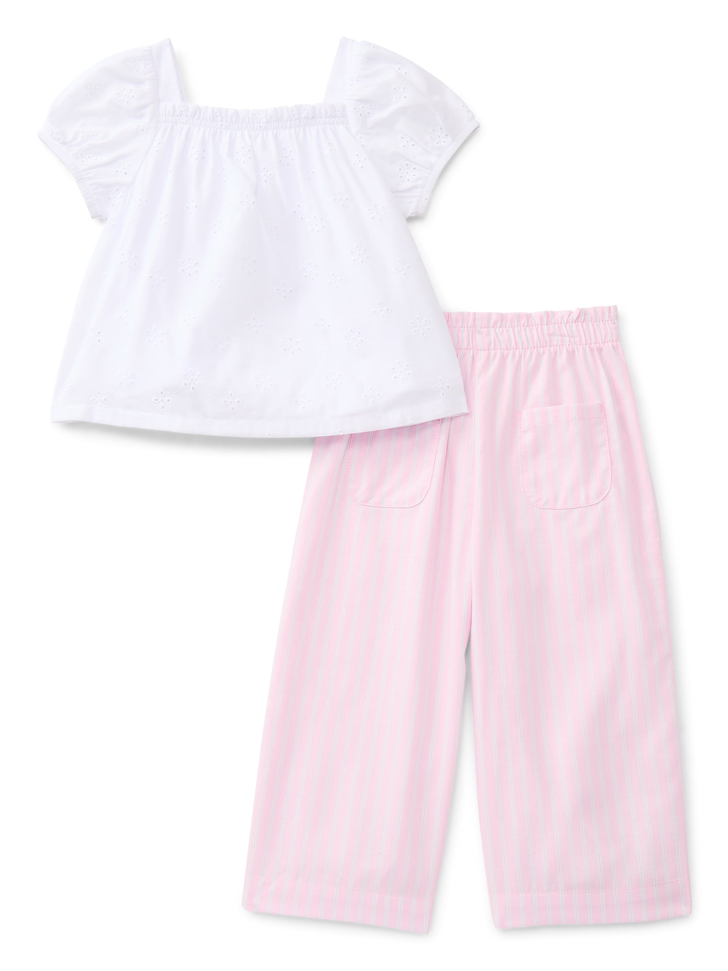Wonder Nation Toddler Girls' Cotton Eyelet Top and Wide Leg Pants Set, 2-Piece, Sizes 12M-5T