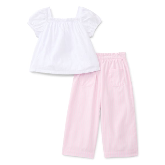 Wonder Nation Toddler Girls' Cotton Eyelet Top and Wide Leg Pants Set, 2-Piece, Sizes 12M-5T