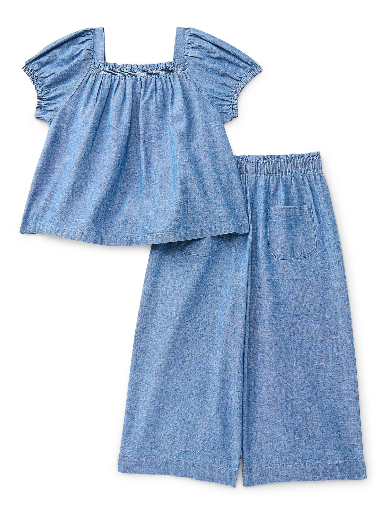 Wonder Nation Toddler Girls' Denim Top and Wide Leg Pants Set, 2-Piece, Sizes 12M-5T