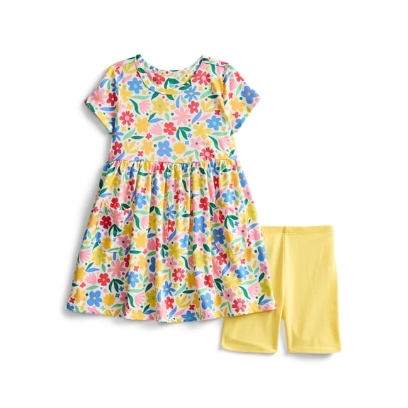 Wonder Nation Toddler Girls Printed Dress and Bike Shorts Outfit Set, 2-Piece, Sizes 18M-5T