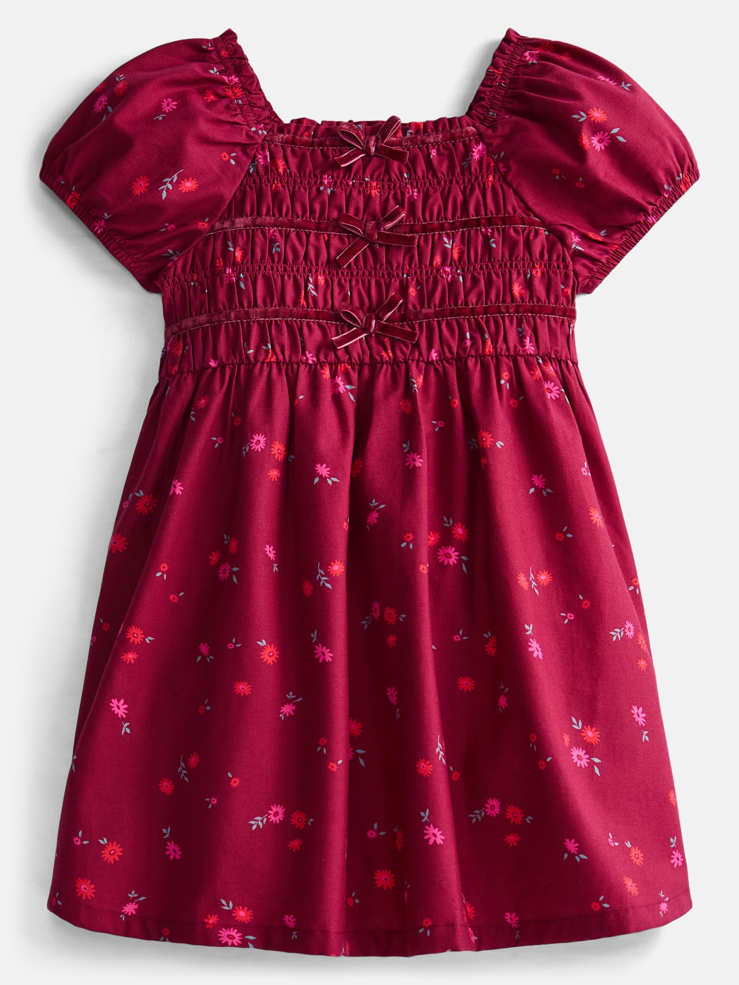 Wonder Nation Toddler Girls Smocked Dress with Puff Sleeves, Sizes 12M-5T