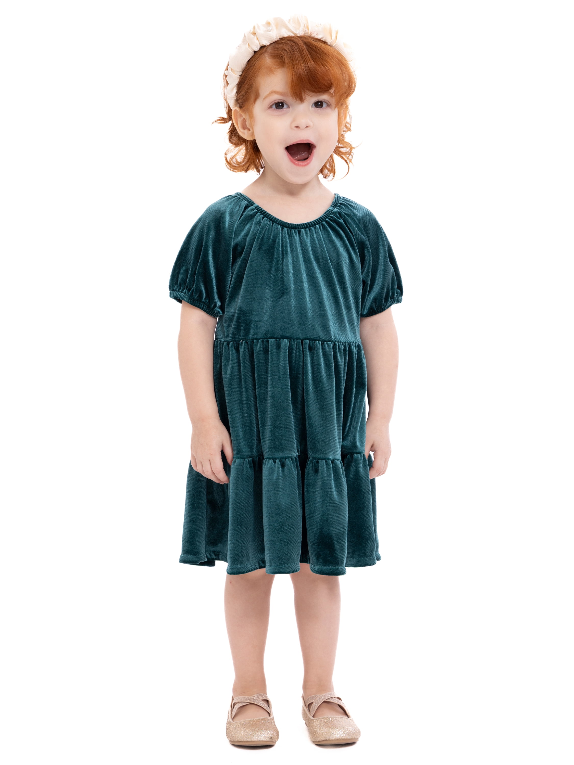 Wonder Nation Toddler Girls Tiered Velvet Dress with Puff Sleeves, Sizes 12M-5T