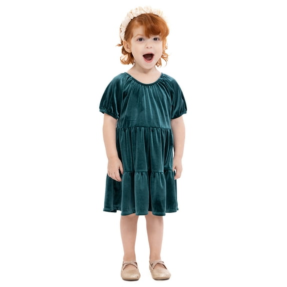 Wonder Nation Toddler Girls Tiered Velvet Dress with Puff Sleeves, Sizes 12M-5T