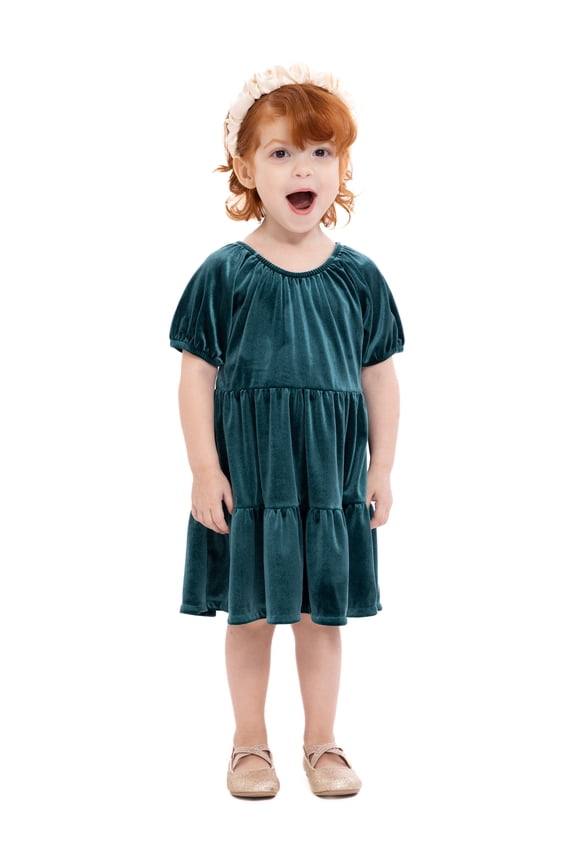Toddler Girls Tiered Velvet Dress with Puff Sleeves, Sizes 12M-5T