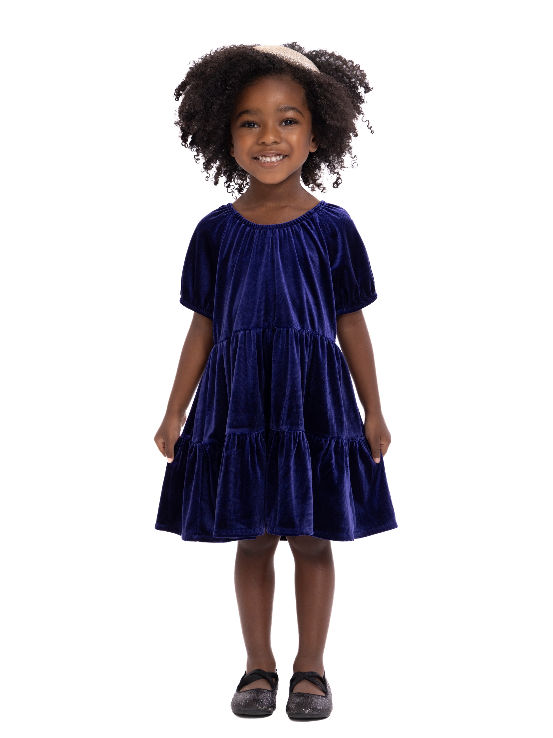 Wonder Nation Toddler Girls Tiered Velvet Dress with Puff Sleeves, Sizes 12M-5T
