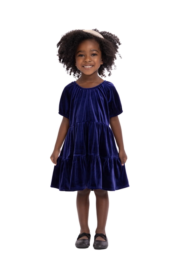 Toddler Girls Tiered Velvet Dress with Puff Sleeves, Sizes 12M-5T
