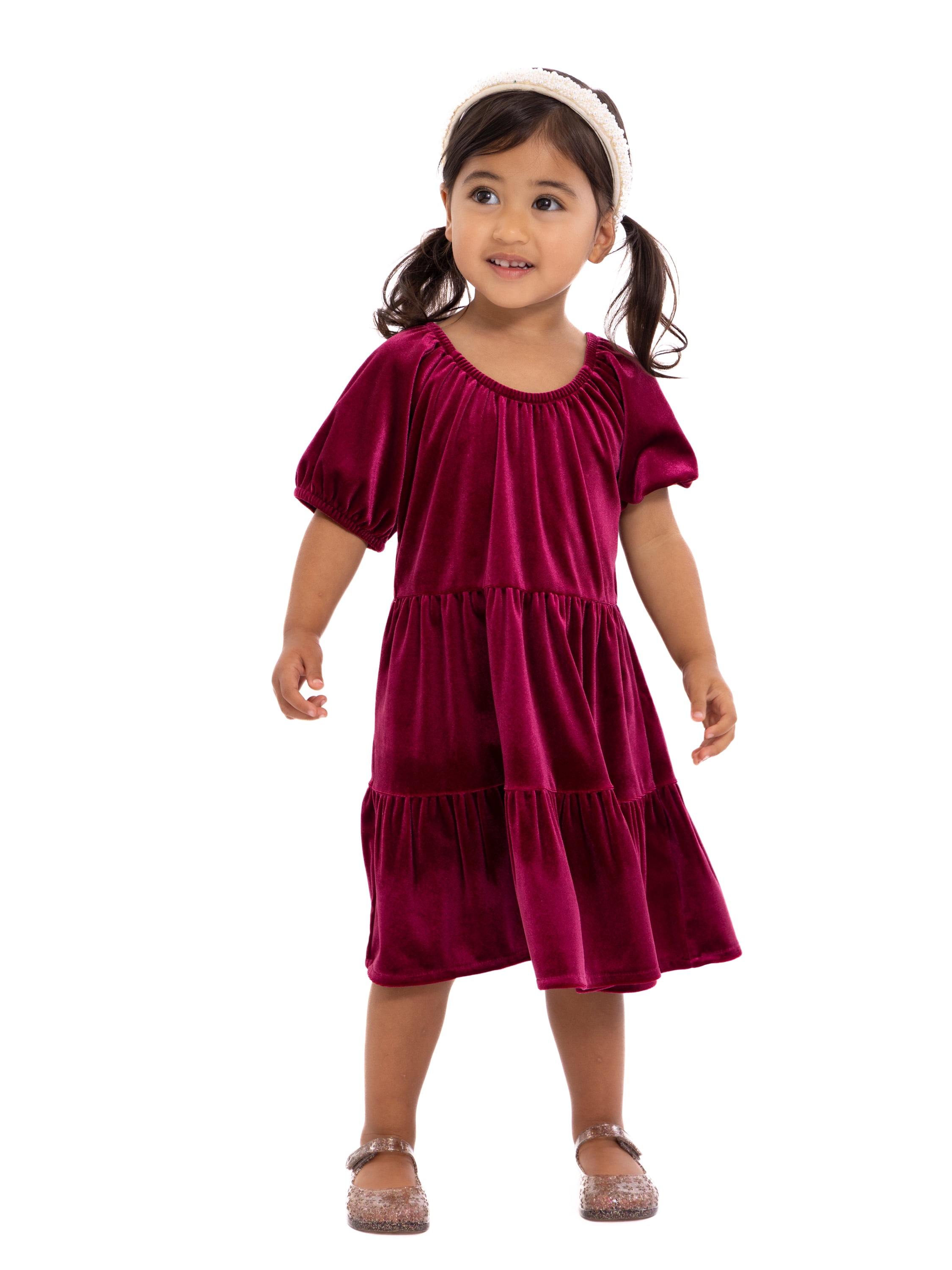 Wonder Nation Toddler Girls Tiered Velvet Dress with Puff Sleeves, Sizes 12M-5T