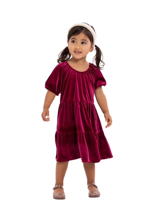 Toddler Girls Tiered Velvet Dress with Puff Sleeves, Sizes 12M-5T