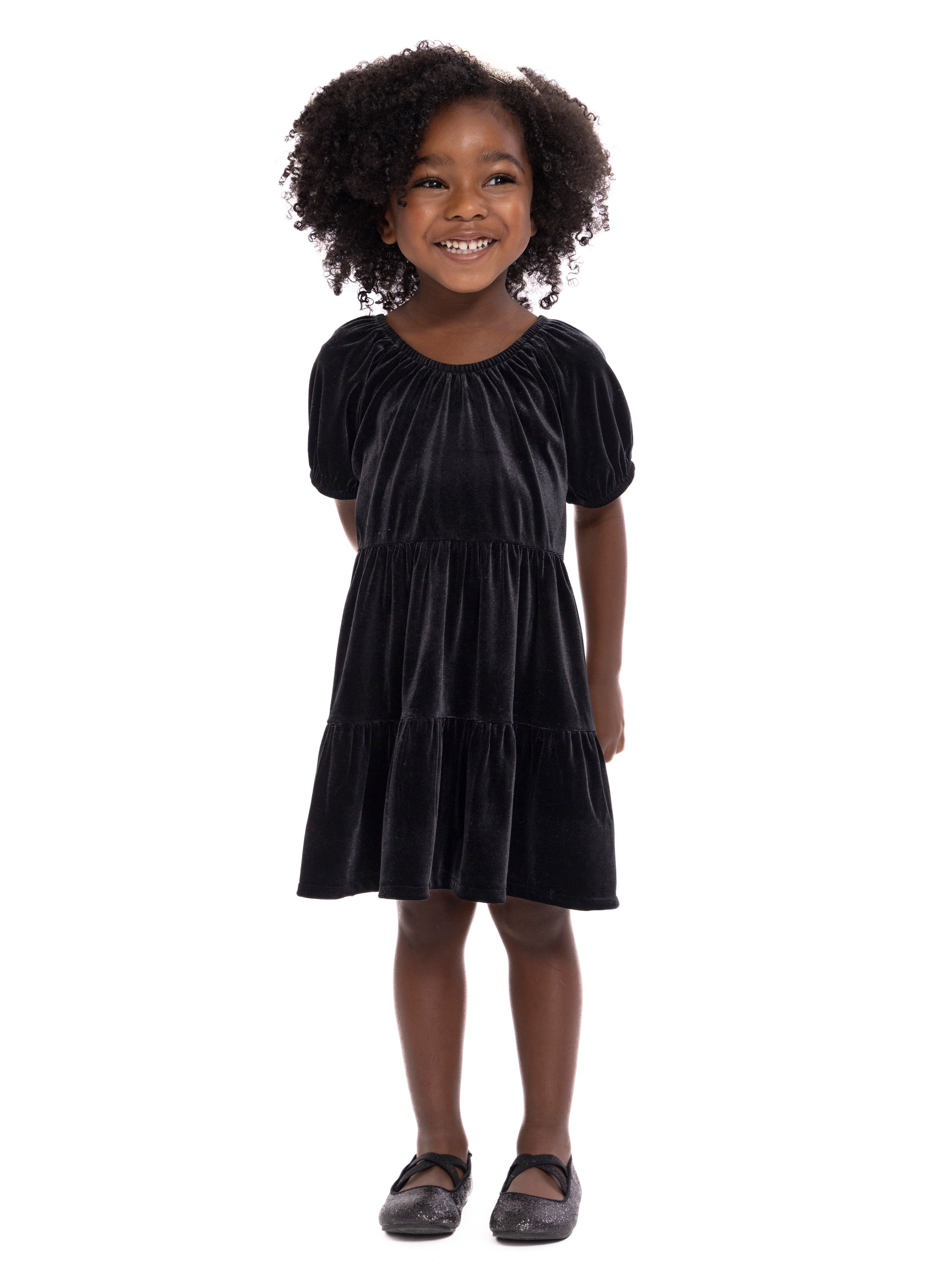 Wonder Nation Toddler Girls Tiered Velvet Dress with Puff Sleeves, Sizes 12M-5T