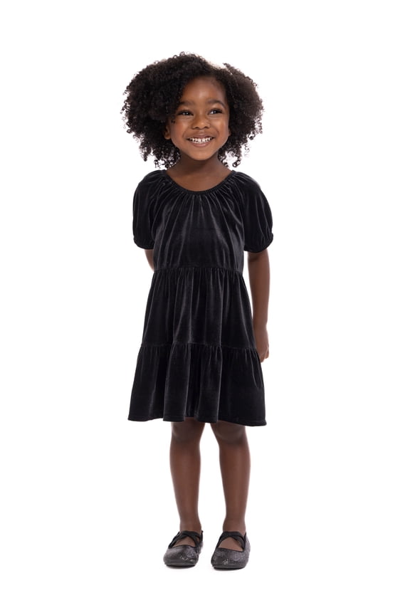 Toddler Girls Tiered Velvet Dress with Puff Sleeves, Sizes 12M-5T