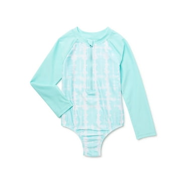 Wonder Nation Toddler Girl Zip Long Sleeve Rash Guard Swimsuit, Size 12M-5T