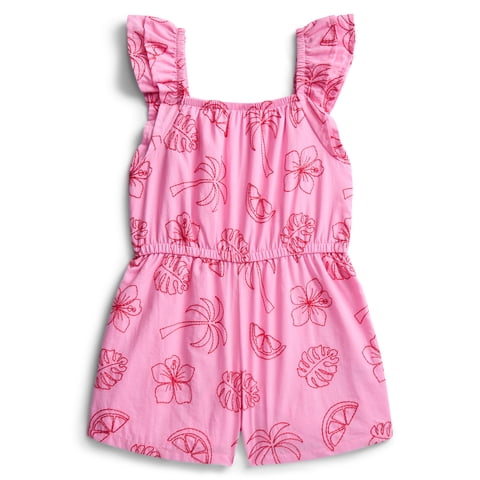 Wonder Nation Toddler Girls Allover Print Cotton Romper with Ruffle Sleeves, Sizes 12M-5T