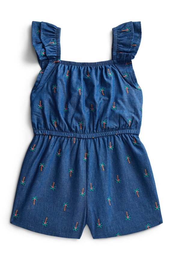 Toddler Girls Allover Print Cotton Romper with Ruffle Sleeves, Sizes 12M-5T