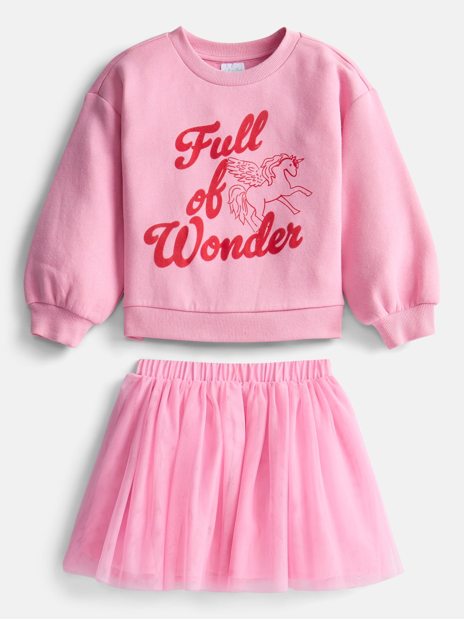 Wonder Nation Toddler Girls Graphic Fleece Sweatshirt and Tulle Skirt Set, 2 Piece, Sizes 12M-5T