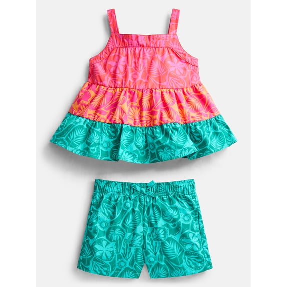 Wonder Nation Toddler Girls' Tiered Tank Top and Shorts Set, 2-Piece, Sizes 12M-5T