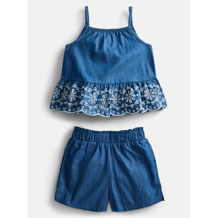 Wonder Nation Toddler Girls Scalloped Tank Top and Matching Shorts Set, 2-Piece, Sizes 12M-5T