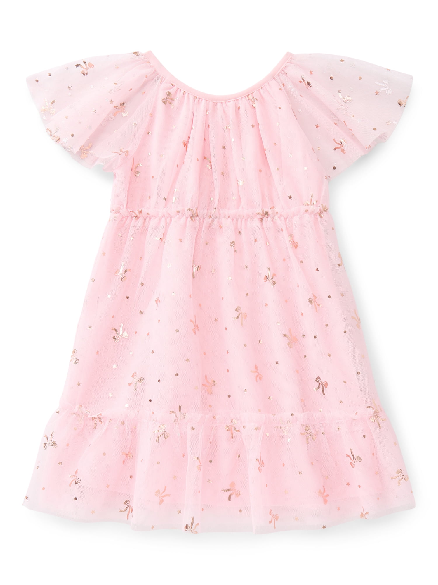 Wonder Nation Toddler Girls' Foil Print Party Dress with Flutter Sleeves, Sizes 12M- 5T