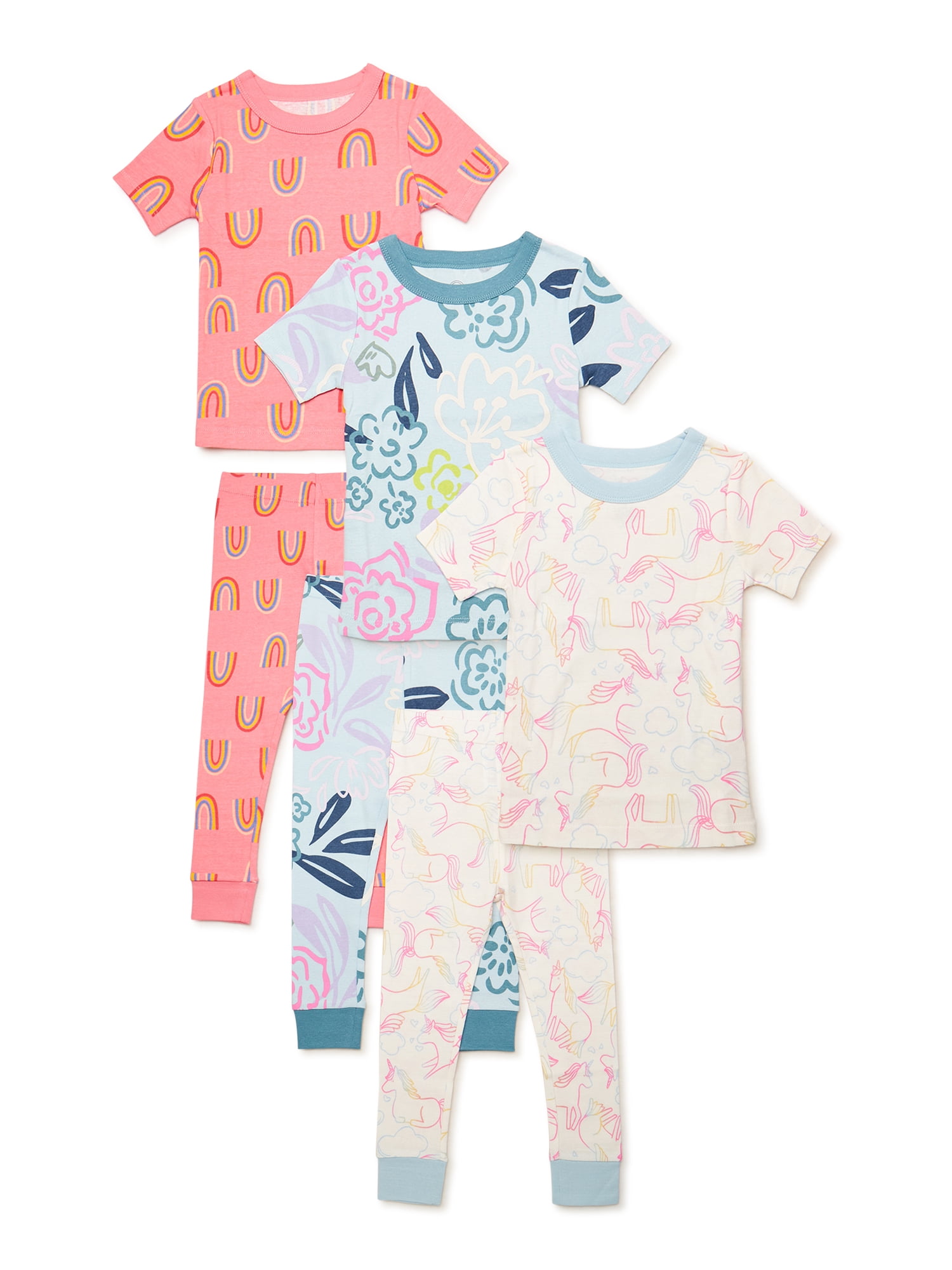 Wonder Nation Toddler Girls Cotton Tight Fit Pajama Set, 6Piece, Sizes