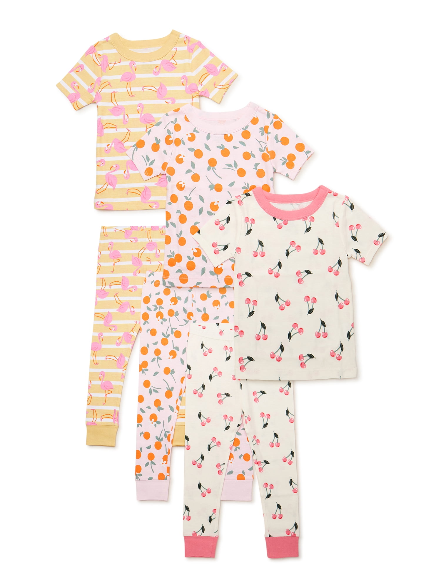 Wonder Nation Toddler Girls Cotton Tight Fit Pajama Set, 6Piece, Sizes