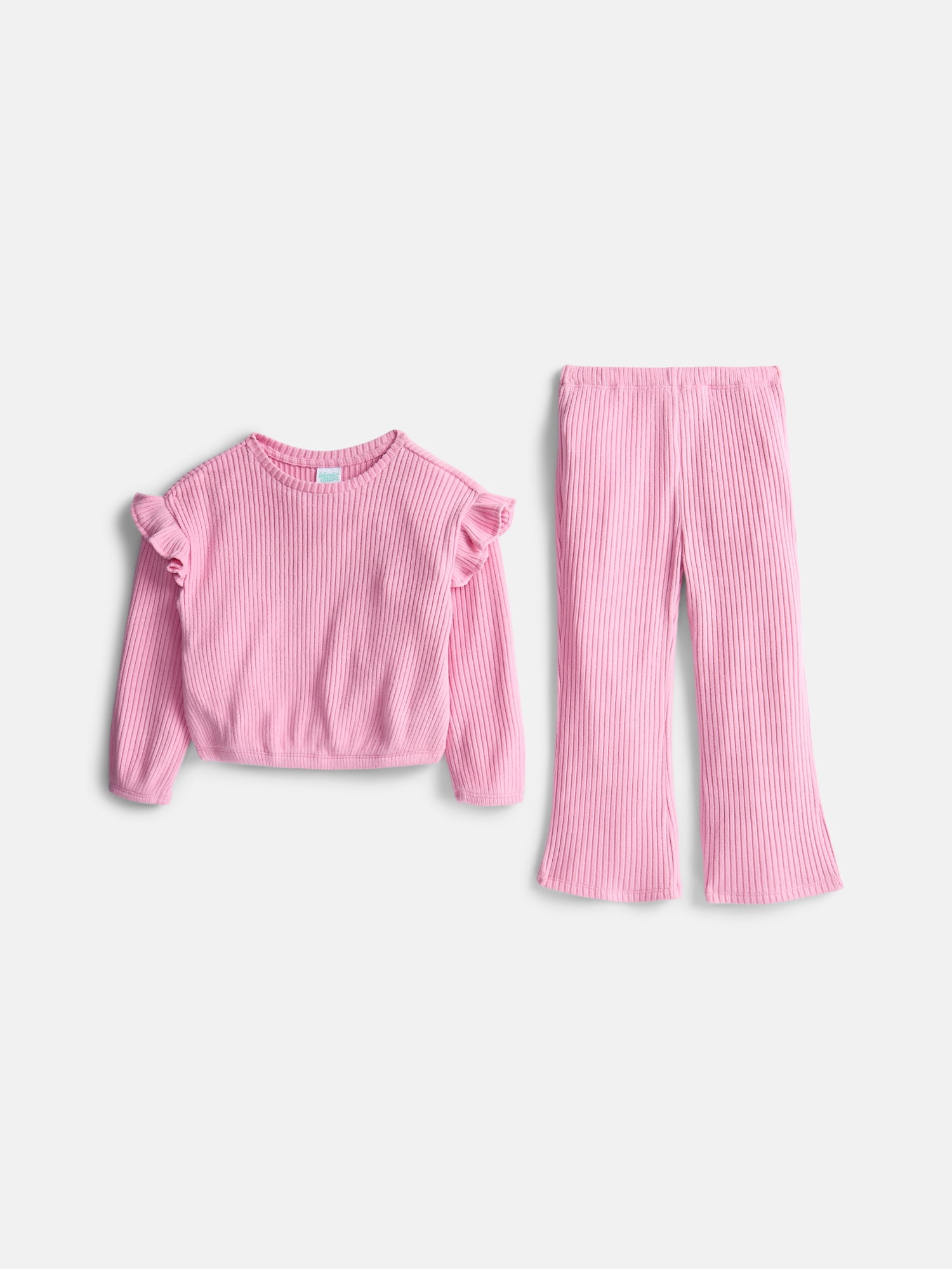 Wonder Nation Toddler Girls' Ribbed Top and Wide Leg Pants Set, 2-Piece, Sizes 12M-5T