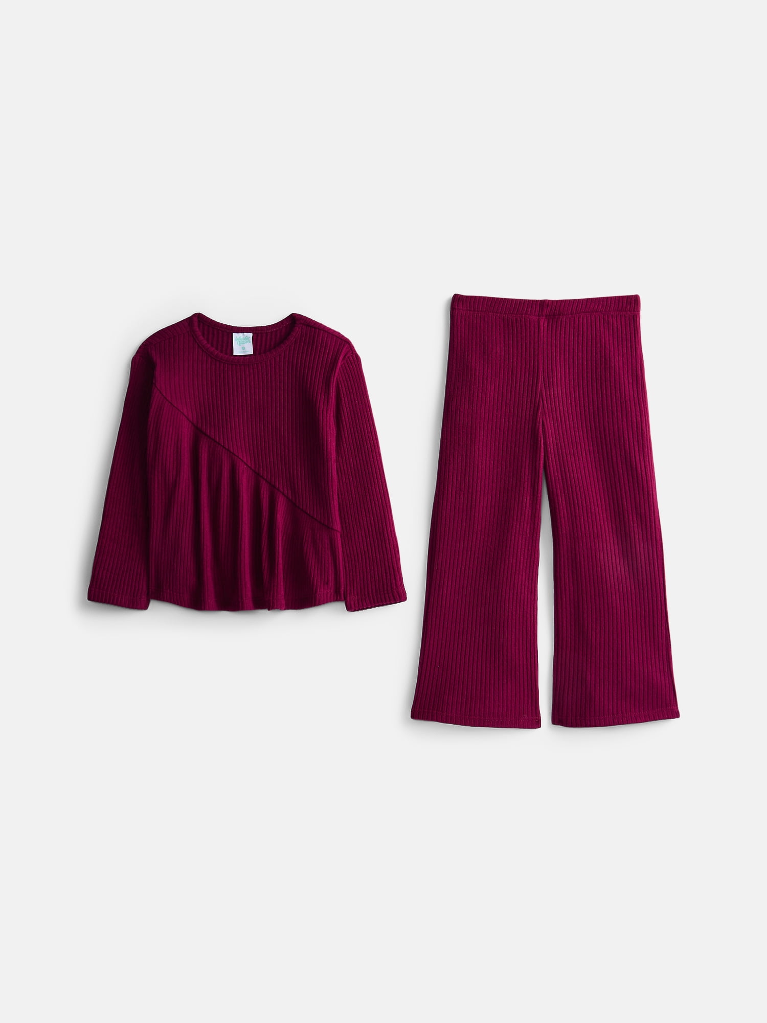 Wonder Nation Toddler Girls' Ribbed Top and Wide Leg Pants Set, 2-Piece, Sizes 12M-5T