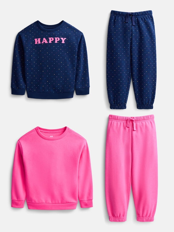 Toddler Girls Fleece Crewnecks and Joggers, 4-Piece Outfit Set, 4-Piece, Sizes 2T-5T