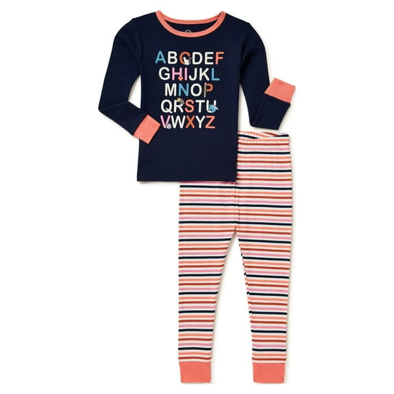Wonder Nation Toddler Girls Long Sleeve Cotton Tight Fit Long Sleeve Top and Pajama Pants, 2-Piece Sleep Set, Sizes 12 Months-5 T