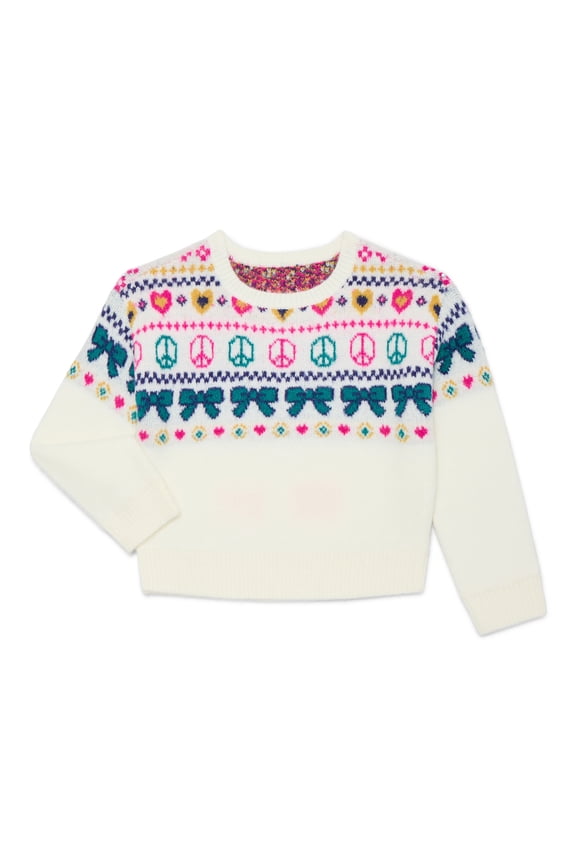 Toddler Girls Crewneck Jacquard Sweater with Long Sleeves, Sizes 12M -5T