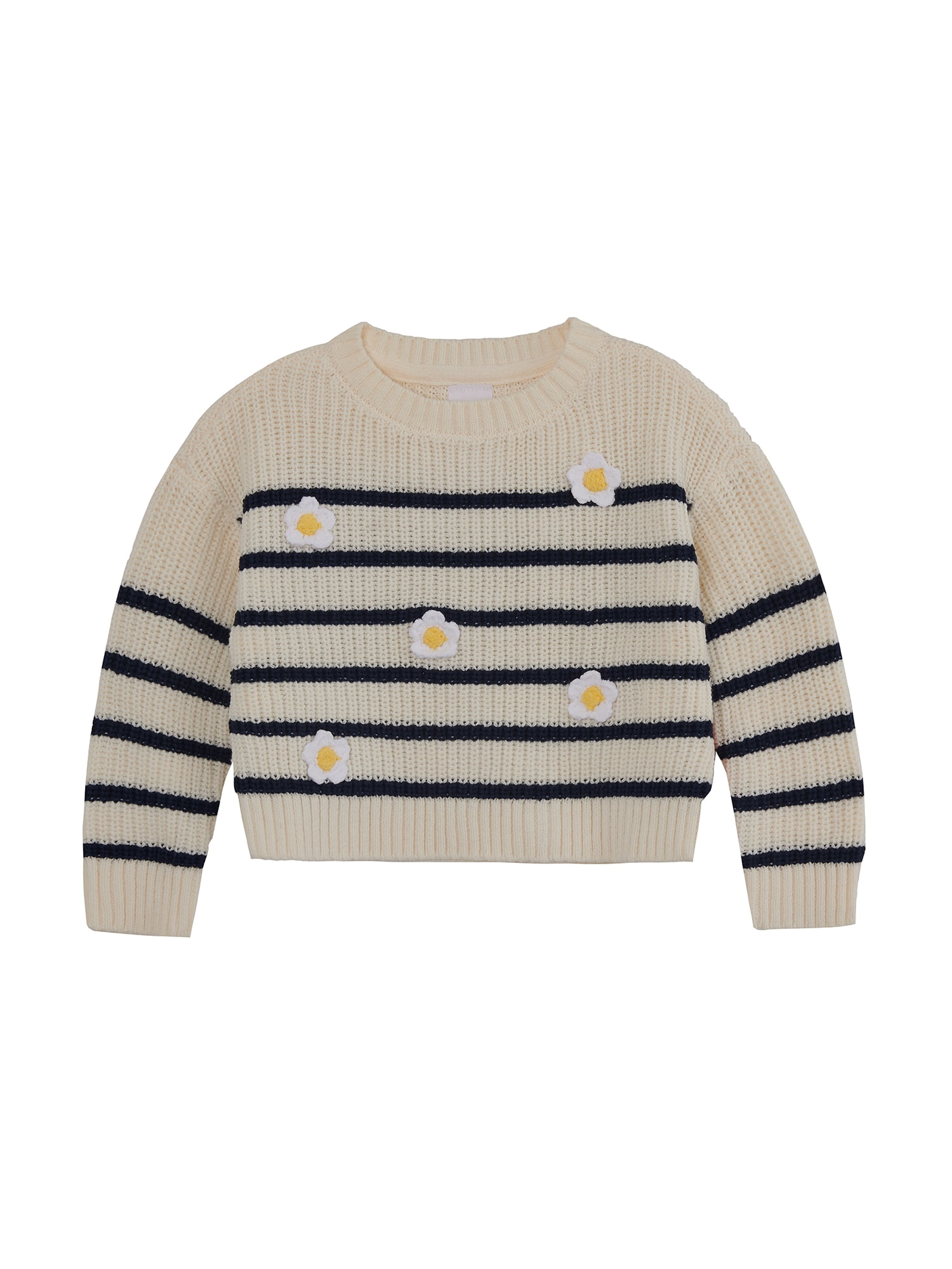 Wonder Nation Toddler Girls' Long Sleeve Stripe Daisy Sweater, Sizes 12M-3T