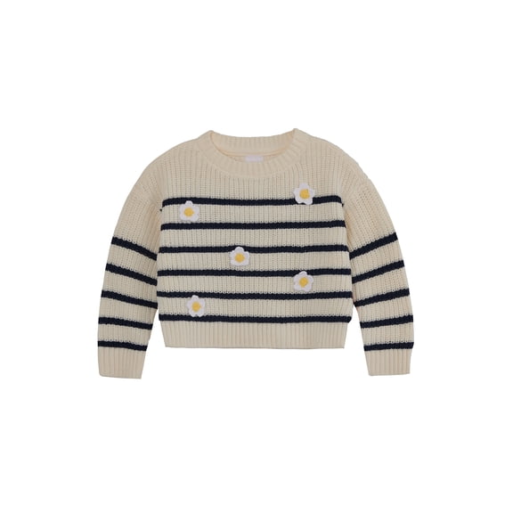 Wonder Nation Toddler Girls' Long Sleeve Stripe Daisy Sweater, Sizes 12M-3T