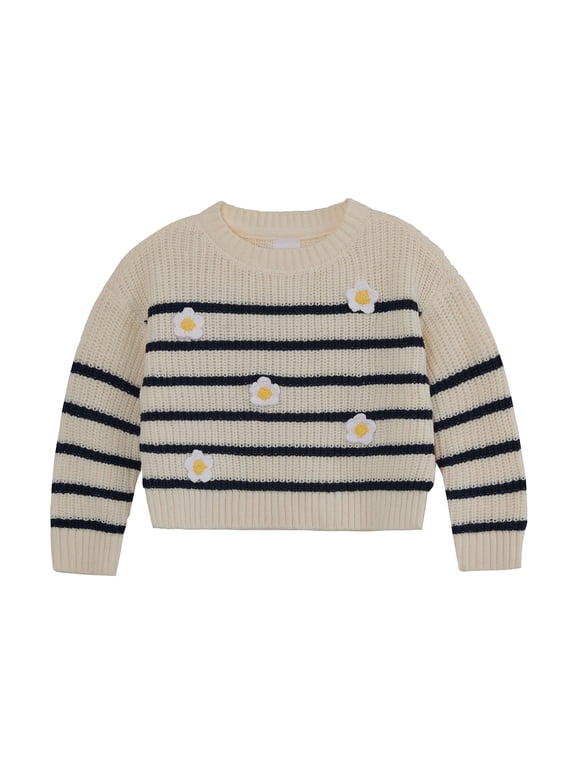 Toddler Girls' Long Sleeve Stripe Daisy Sweater, Sizes 12M-3T