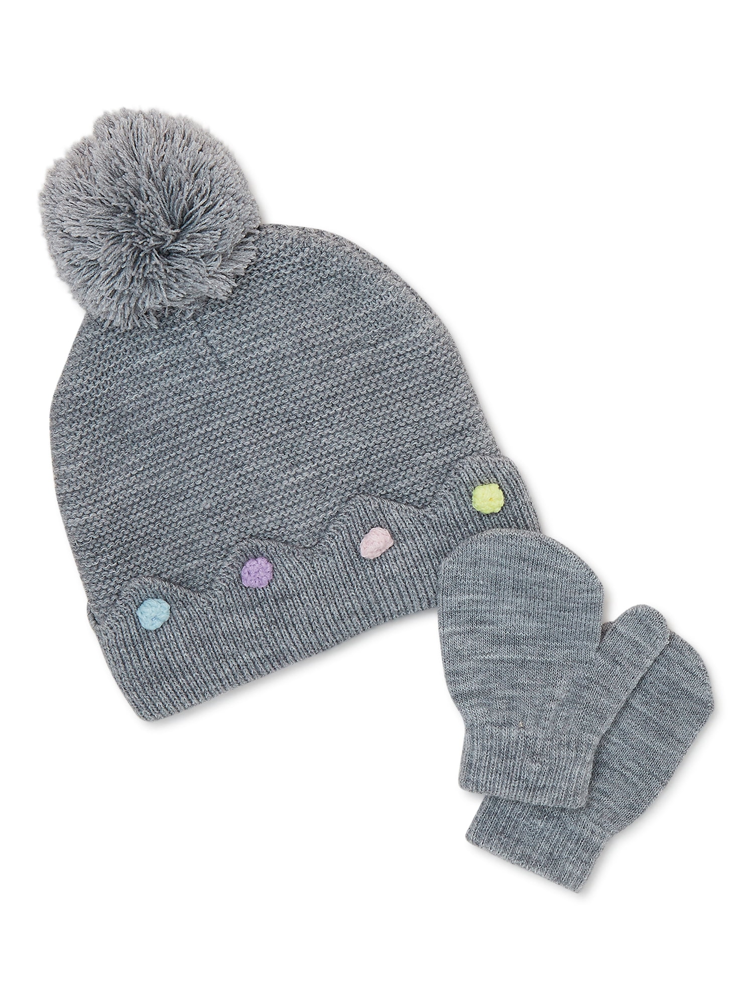 Wonder Nation Toddler Girls Pom Pom Hat and Mittens Set, 2Piece Set