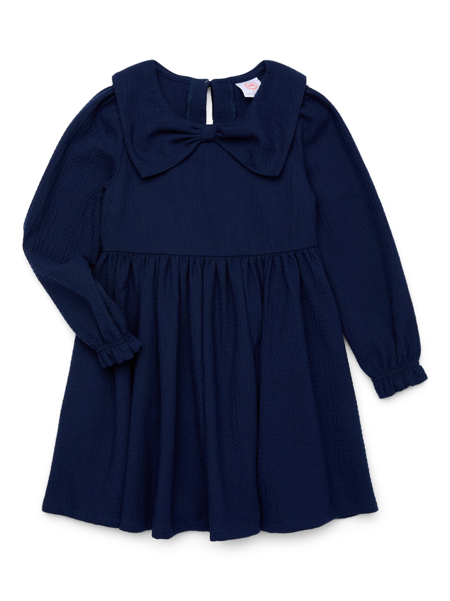 Wonder Nation Toddler Girls Puckered Bow Dress with Long Sleeves, Sizes 12M-5T
