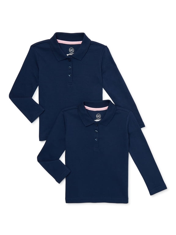 Toddler Girls School Uniform Long Sleeve Interlock Polo Shirt, 2-Pack