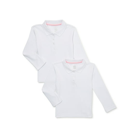 Wonder Nation Toddler Girls School Uniform Long Sleeve Interlock Polo Shirt, 2-Pack