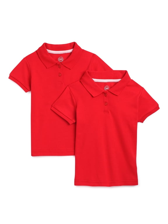 Toddler Girls School Uniform Short Sleeve Interlock Polo Shirt, 2-Pack
