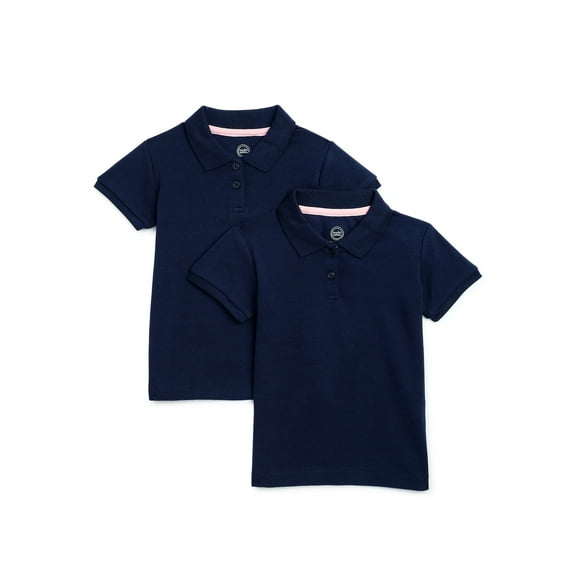 Wonder Nation Toddler Girls School Uniform Short Sleeve Interlock Polo Shirt, 2-Pack