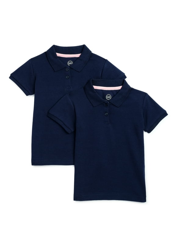 Toddler Girls School Uniform Short Sleeve Interlock Polo Shirt, 2-Pack