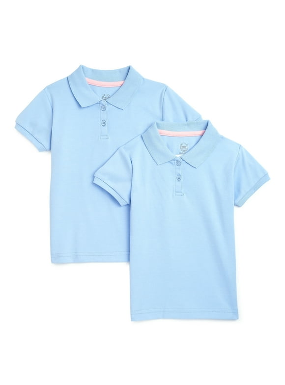Wonder Nation Toddler Girls School Uniform Short Sleeve Interlock Polo Shirt, 2-Pack